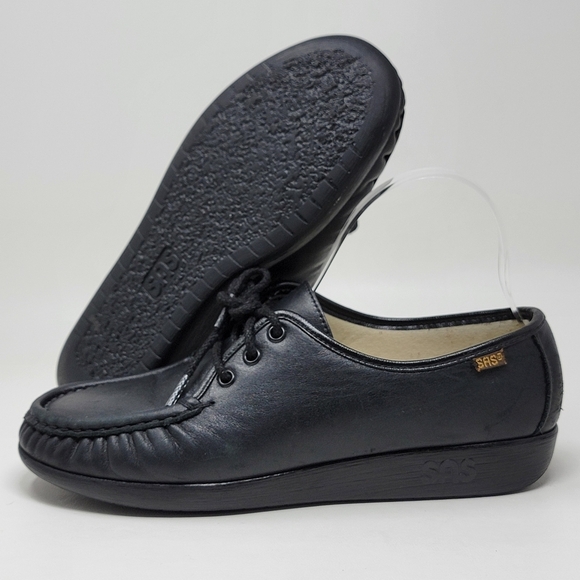 SAS Moc Toe Women's Size 9 Handsewn Black Leather Comfort Lace Up Walking Shoes - Picture 1 of 14